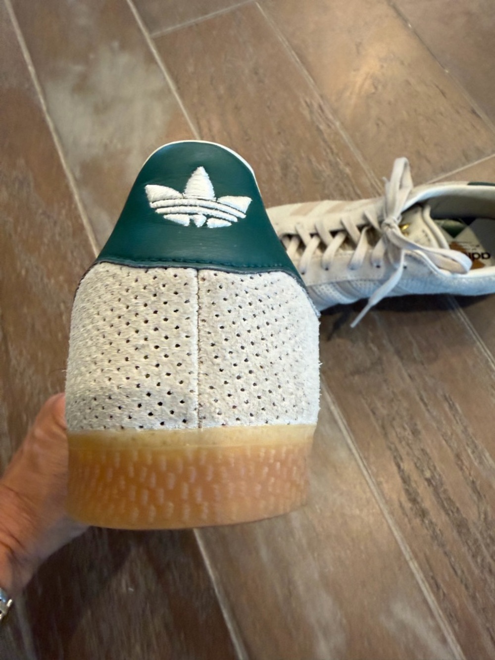 adidas Off-White Suede Sneakers with Gum Sole and Green Heel Tab - Picture 3 of 5